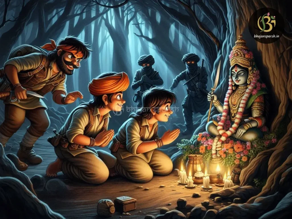 वन मंदिर में काली माता के रूप में प्रकट व्यक्ति को देखकर घाटम दास जी और उनके साथी चकित हो जाते हैं।