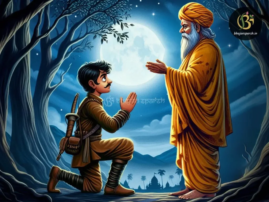 कनक घाटी की घनी रात में जटाधारी संत को देखकर घाटम दास जी श्रद्धा से नमन करते हैं।