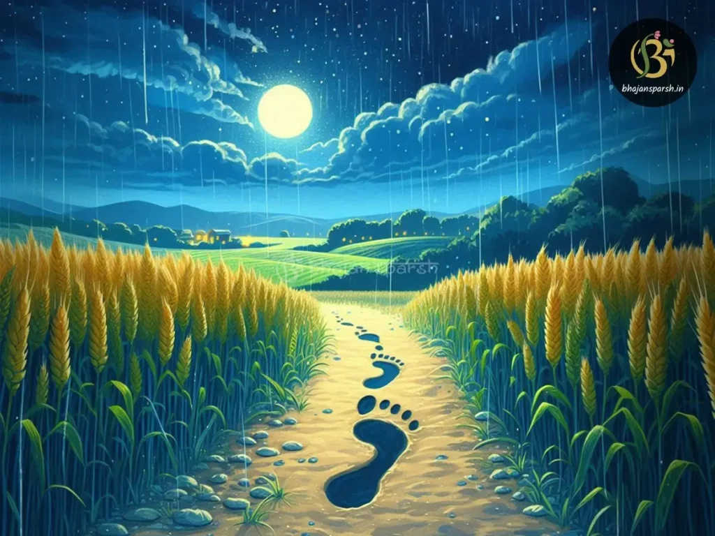 खेतों से गेहूँ उठाकर संतों के लिए भोजन की व्यवस्था करते हुए घाटम दास जी, पीछे पदचिह्न छूट जाते हैं।