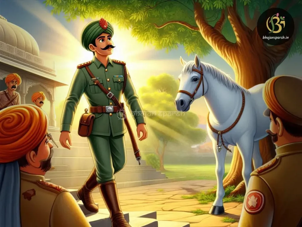 घोड़े को बाँधकर मंदिर में आरती और परिक्रमा करते हुए घाटम दास जी, और पहरेदारों को संदेह होता है।