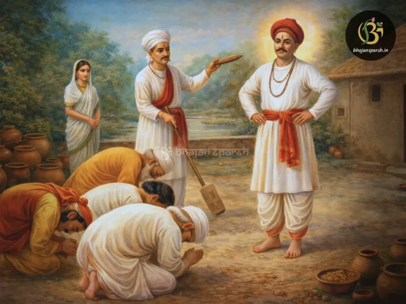 कार्तिकी एकादशी के अवसर पर गोराई काका के आँगन में पांडुरंग की मुद्रा में खड़े संत नामदेव, जिन्हें लकड़ी की थापी से संत गोरा कुम्हार परखते हुए दिखाया गया है, साथ ही संत ज्ञानेश्वर, निवृत्तिनाथ, सोपान और मुक्ताबाई भक्तिभाव से प्रणाम करते हुए—पंढरपुर की ग्रामीण पृष्ठभूमि में।