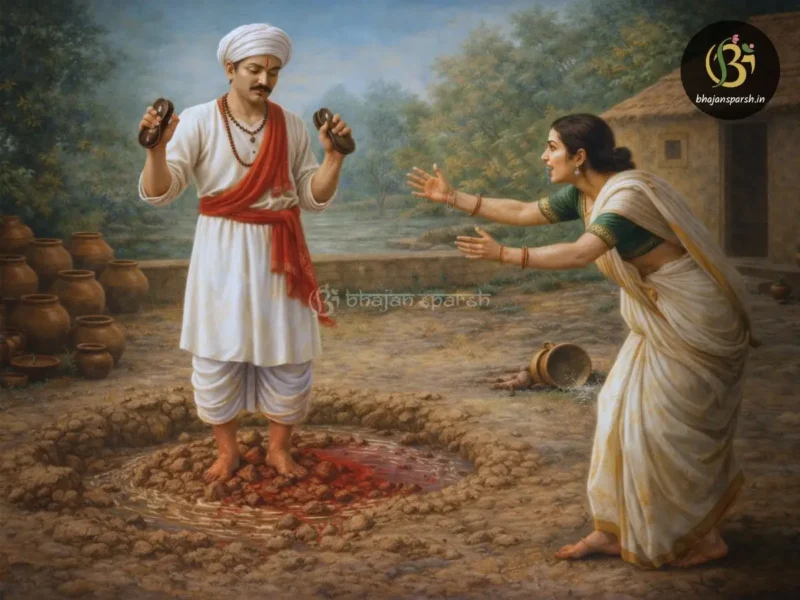 संत गोरा कुम्भार गीली मिट्टी में नंगे पाँव खड़े, हाथों में कर्ताल, पास में दुःखी पत्नी रामि ग्रामीण वातावरण में।