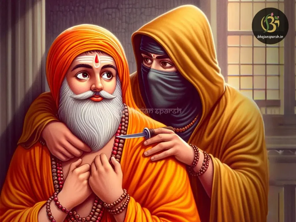 हाथ में तलवार लिए गोवर्धन महाराज से कथा में बताए गए बालक का पता पूछते हुए।