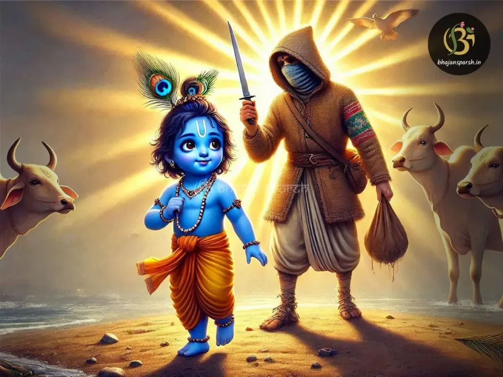 गोवर्धन खंजर निकालकर भगवान श्री कृष्ण से आभूषण उतारने को कहता है, और भगवान मुस्कुराते रहते हैं।