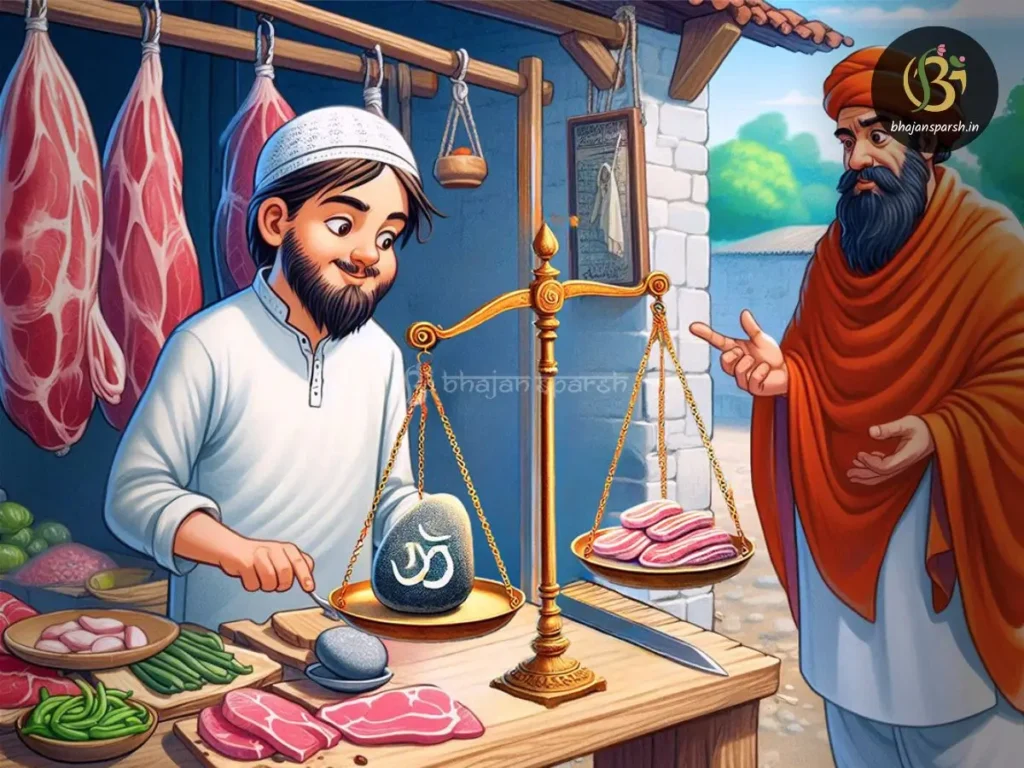 एक वैष्णव आचार्य सदन कसाई के तराजू पर रखे शालिग्राम जी को देखकर चकित हो रहे हैं।