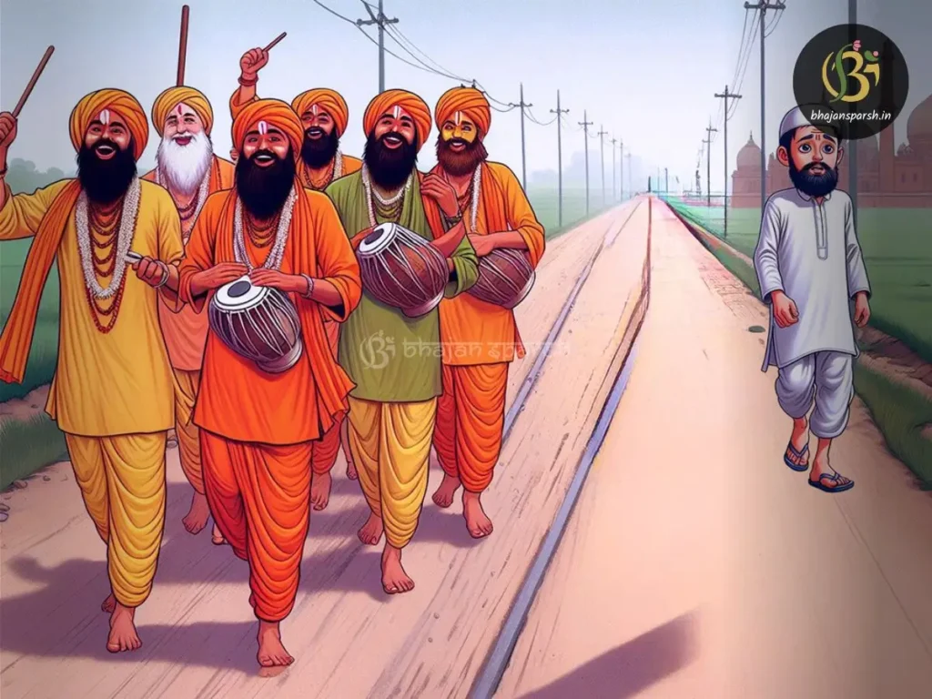 सदन कसाई श्रीधाम की ओर कीर्तन करते हुए नाचते–गाते जा रहे वैष्णवों के समूह को देख रहा है।