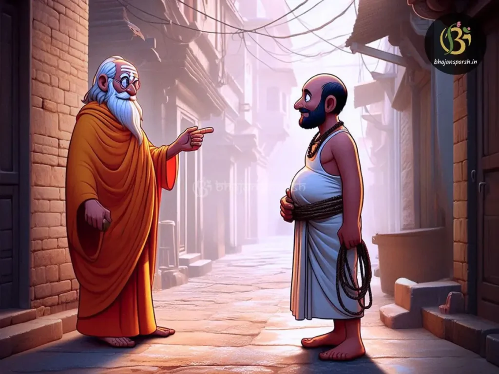 कसाई एक भागती हुई गाय के पीछे दौड़ता हुआ ब्राह्मण से पूछता है कि क्या उसने गाय को इस रास्ते से जाते देखा है।