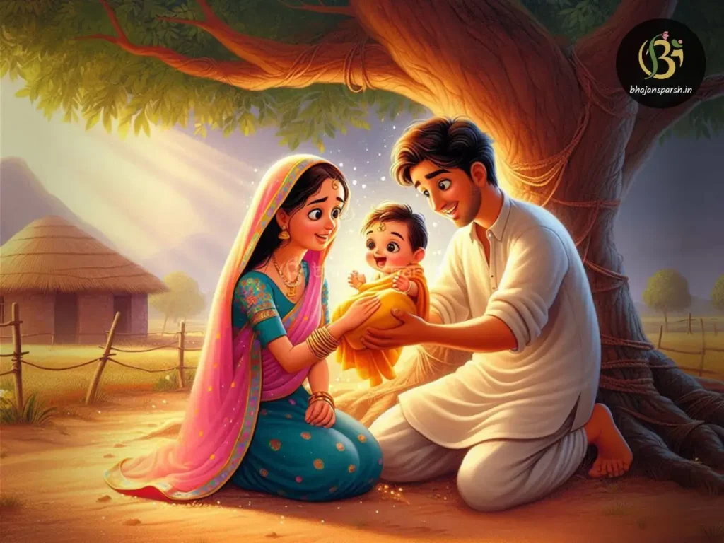 चोखामेला कथा का चित्रण जिसमें एक निःसंतान मोची दंपति रास्ते से गुजरते हुए पेड़ के नीचे रोते हुए सुंदर शिशु को देखते हैं। यह विठ्ठल भक्त कथा पंढरपुर की भक्ति और महाराष्ट्र के भक्तों की भक्ति को दर्शाती है।