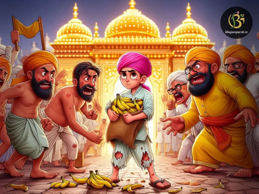 चोखामेला कथा का चित्रण जिसमें वह केले लेकर पंढरपुर मंदिर की ओर बढ़ता है, लेकिन पुजारियों ने उसे रोकते हुए कहा कि आपकी जाति नीची है; आप मंदिर में प्रवेश नहीं कर सकते। यह विठ्ठल भक्त कथा महाराष्ट्र की भक्ति और सामाजिक बाधाओं के बावजूद भक्ति को दर्शाती है।