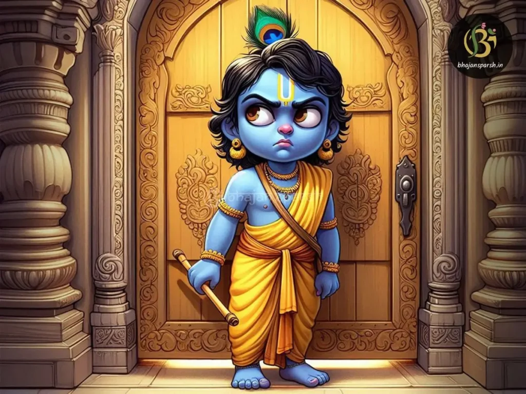 चोखामेला कथा का चित्रण जिसमें भगवान विठ्ठल क्रोधित होकर चोखामेला पर हमला होने के क्षण में मंदिर के सभी दरवाजे अपने आप बंद हो जाते हैं। यह पंढरपुर भक्ति कथा महाराष्ट्र की भक्ति और दैवी सुरक्षा को दर्शाती है।