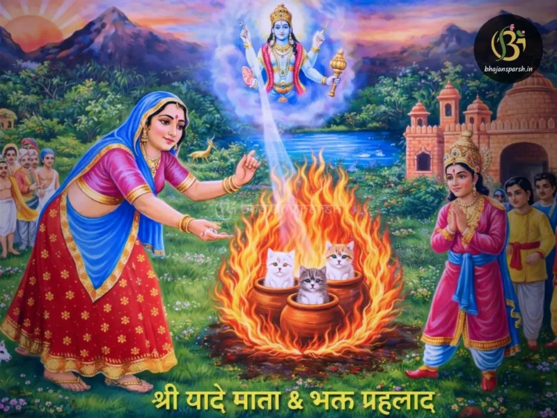 श्रीबाई माता द्वारा आग में बचे बिल्ली के बच्चों को बचाते हुए भक्त प्रह्लाद का दृश्य।