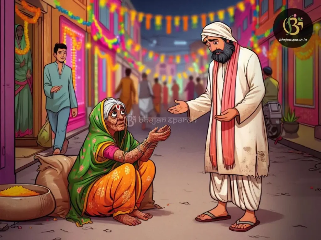 गरीबी, कुष्ठ रोग और अंधेपन से पीड़ित शोभना कौशलपुरी में भूख से व्याकुल होकर करुण स्वर में भोजन की याचना करती हुई