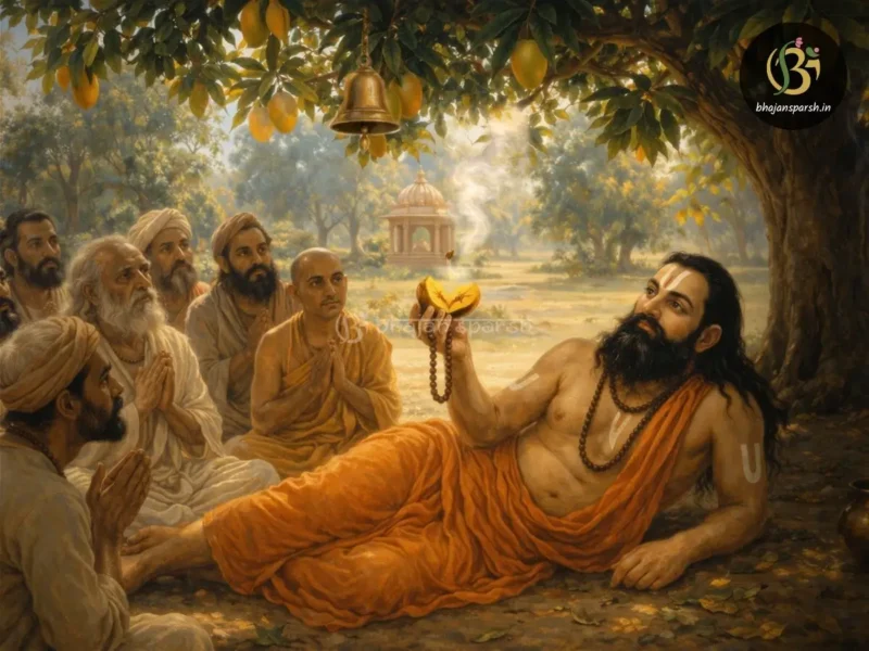 आम के पेड़ के नीचे विश्राम करते संत खोजीजी महाराज की पेंटिंग, हाथ में कटा हुआ आम और जपमाला लिए, आसपास भक्तों के साथ और पीछे मंदिर का दृश्य।