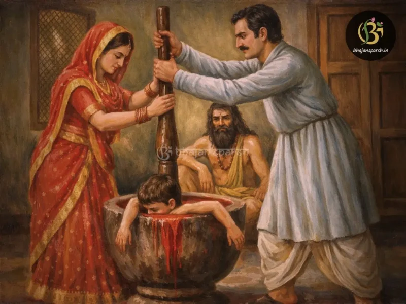 शेठ सगालशा, चंगावती और चेलैया की भक्ति और बलिदान को दर्शाता दृश्य, पारंपरिक भारतीय घर के अंदर दीपक की रोशनी में आध्यात्मिक वातावरण।